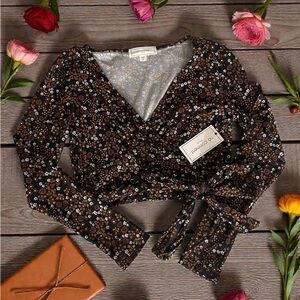 Floral Wrap Blouse in Black and Brown